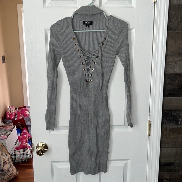 Hera Collection | Dresses | Hera Collection Lace Up Bust Gray Ribbed Long  Sleeve Dress Size Small | Poshmark
